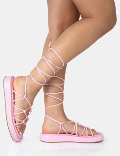 Public Desire Babygirl Baby Flatform Lace Up Sandals Pink Sale