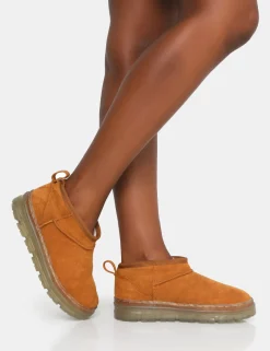 Public Desire Bambi Faux Suede Ultra Mini Ankle Boots Tan Fashion