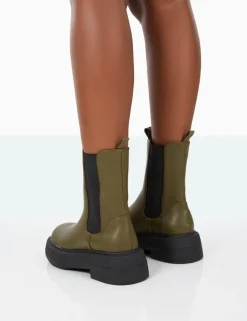 Public Desire Barbie Dark Pu Platform Chunky Sole Chelsea Boots Khaki Online