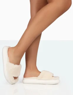 Public Desire Bashful Ecru Faux Fur Chunky Sole Slider Slippers Hot