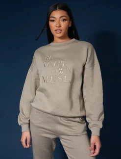 Public Desire Be Your Own Muse Embroidered Sweatshirt Khaki Store