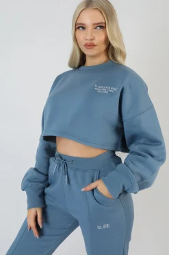 Public Desire Be Your Own Muse Wave Print Cropped Sweatshirt Blue Outlet