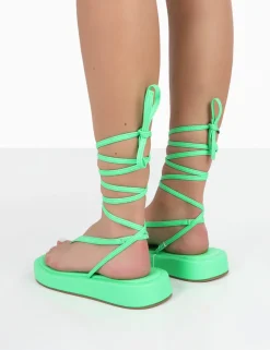 Public Desire Beach Babe Green Lace Up Toe Thong Flatform Sandals Lime Discount