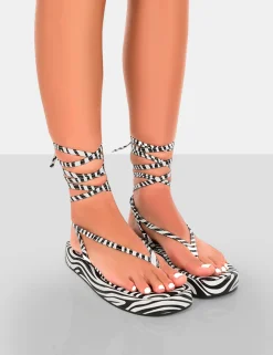 Public Desire Beach Babe Lace Up Toe Thong Flatform Sandals Zebra Discount
