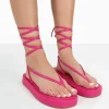 Public Desire Beach Babe Lace Up Toe Thong Flatform Sandals Pink Outlet