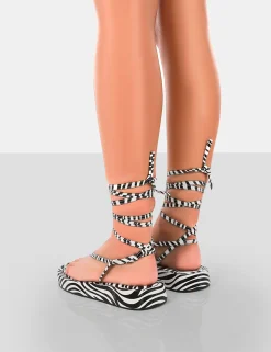 Public Desire Beach Babe Lace Up Toe Thong Flatform Sandals Zebra Discount