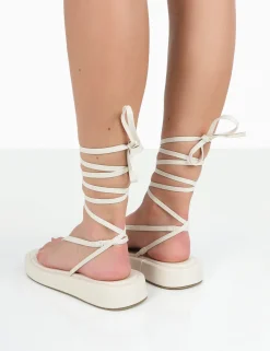 Public Desire Beach Babe Lace Up Toe Thong Flatform Sandals Ecru Clearance