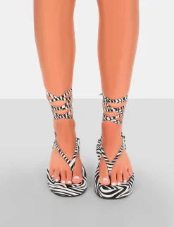 Public Desire Beach Babe Lace Up Toe Thong Flatform Sandals Zebra Discount