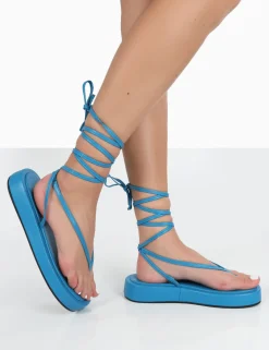 Public Desire Beach Babe Lace Up Toe Thong Flatform Sandals Blue Sale