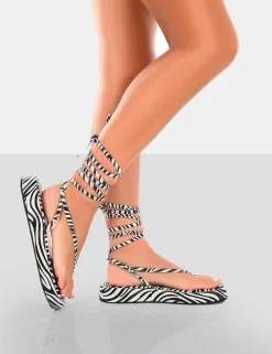 Public Desire Beach Babe Lace Up Toe Thong Flatform Sandals Zebra Discount