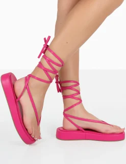 Public Desire Beach Babe Lace Up Toe Thong Flatform Sandals Pink Outlet