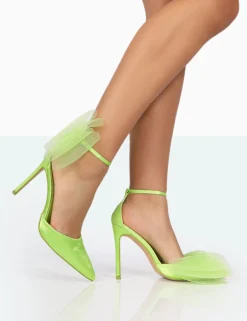 Public Desire Bell Lime Satin Statement Bow Court Pointed Toe Stiletto Heels Pink Cheap