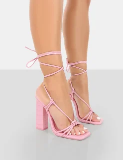 Public Desire Berry Croc Square Toe Strappy Lace Up Block Heels Pink Clearance