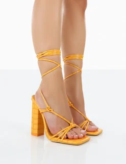 Public Desire Berry Croc Square Toe Strappy Lace Up Block Heels Orange Cheap