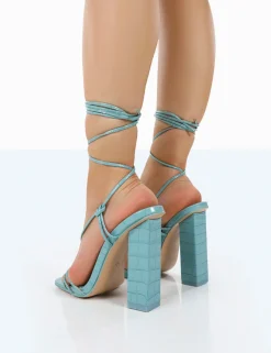 Public Desire Berry Light Croc Square Toe Strappy Lace Up Block Heels Grey Sale