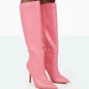 Public Desire Best Believe Croc Pointed Toe Heeled Stiletto Knee High Boots Pink Clearance
