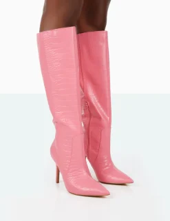 Public Desire Best Believe Croc Pointed Toe Heeled Stiletto Knee High Boots Pink Clearance