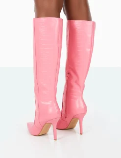 Public Desire Best Believe Croc Pointed Toe Heeled Stiletto Knee High Boots Pink Clearance