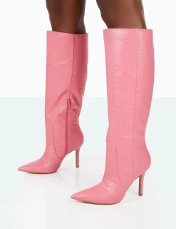 Public Desire Best Believe Croc Pointed Toe Heeled Stiletto Knee High Boots Pink Clearance