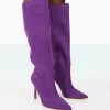 Public Desire Best Believe Faux Suede Pointed Toe Stiletto Heeled Knee High Boots Purple Online