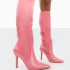 Public Desire Best Believe Satin Pointed Toe Stiletto Heeled Knee High Boots Pink Online