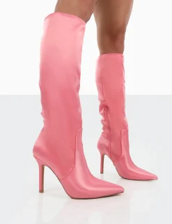 Public Desire Best Believe Satin Pointed Toe Stiletto Heeled Knee High Boots Pink Online
