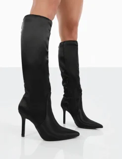 Public Desire Best Believe Satin Pointed Toe Stiletto Heeled Knee High Boots Black Fashion