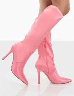 Public Desire Best Believe Satin Pointed Toe Stiletto Heeled Knee High Boots Pink Online