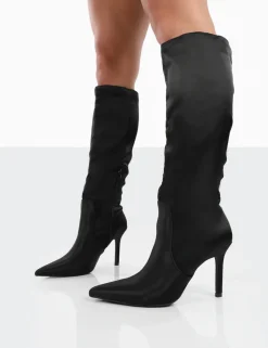 Public Desire Best Believe Satin Pointed Toe Stiletto Heeled Knee High Boots Black Fashion