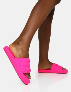 Public Desire Bestie Nylon Embossed Heart Slider Sandals Neon Pink Flash Sale