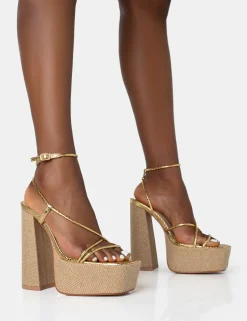 Public Desire Blissful Asymmetric Strappy Square Toe Raffia Platform Block Heels Gold Fashion