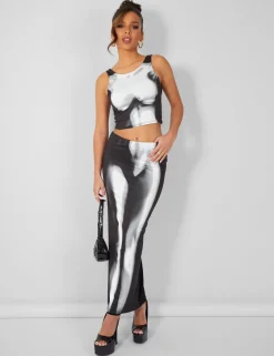 Public Desire Body Heat Print Slinky Midaxi Skirt Black Clearance