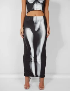 Public Desire Body Heat Print Slinky Midaxi Skirt Black Clearance