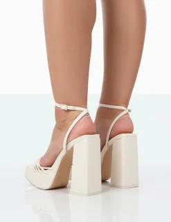 Public Desire Boujee Pu Square Toe Strappy Block Heels Ecru New