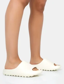 Public Desire Brady Rubber Flat Slider Sandals Cream New