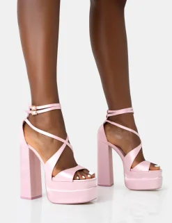 Public Desire Breanna Baby Pink Satin Strappy Ankle Extreme Double Platform Block Heels Babypink Online