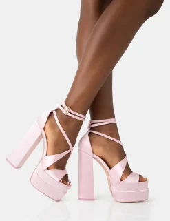 Public Desire Breanna Baby Pink Satin Strappy Ankle Extreme Double Platform Block Heels Babypink Online