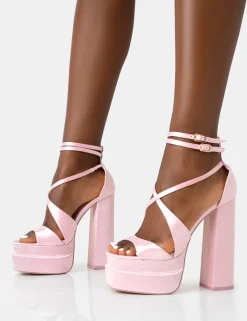 Public Desire Breanna Baby Pink Satin Strappy Ankle Extreme Double Platform Block Heels Babypink Online