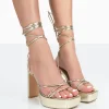 Public Desire Bring It Pu Square Toe Lace Up Strappy Platform Thin Block Heels Gold Cheap