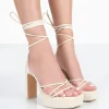 Public Desire Bring It Wide Fit Pu Square Toe Lace Up Strappy Platform Thin Block Heels Ecru Best