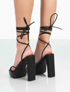 Public Desire Bring It Wide Fit Pu Square Toe Lace Up Strappy Platform Thin Block Heels Black Clearance