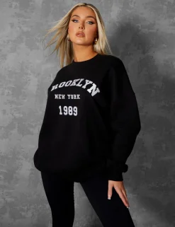 Public Desire Brooklyn Slogan Oversized Sweatshirt Black Best Sale