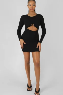 Public Desire Bull Ring Detail Long Sleeve Mini Dress Black Clearance