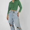 Public Desire Button Front Long Sleeve Crop Top Khaki Hot