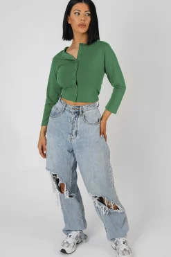 Public Desire Button Front Long Sleeve Crop Top Khaki Hot