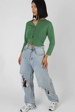 Public Desire Button Front Long Sleeve Crop Top Khaki Hot