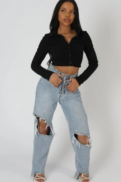 Public Desire Button Front Ruched Top Black Cheap