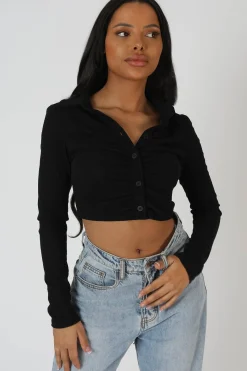 Public Desire Button Front Ruched Top Black Cheap
