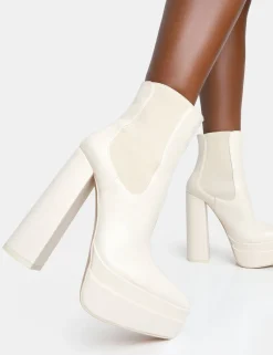 Public Desire Cady Pu Platform Pointed Toe Block Heel Ankle Boots Ecru Best