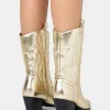 Public Desire Calabasas Western Embroidered Knee High Pointed Toe Cowboy Boots Gold Store